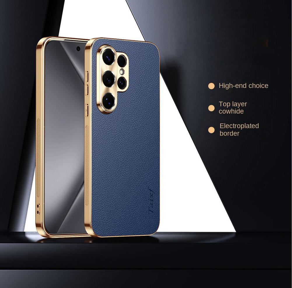 

First Layer of Cowhide Lychee Texture Electroplated Frame Case For Samsung S26 Ultra S26 + Galaxy S25 Ultra S25 FE Edge Cover Galaxy S26 Ultra