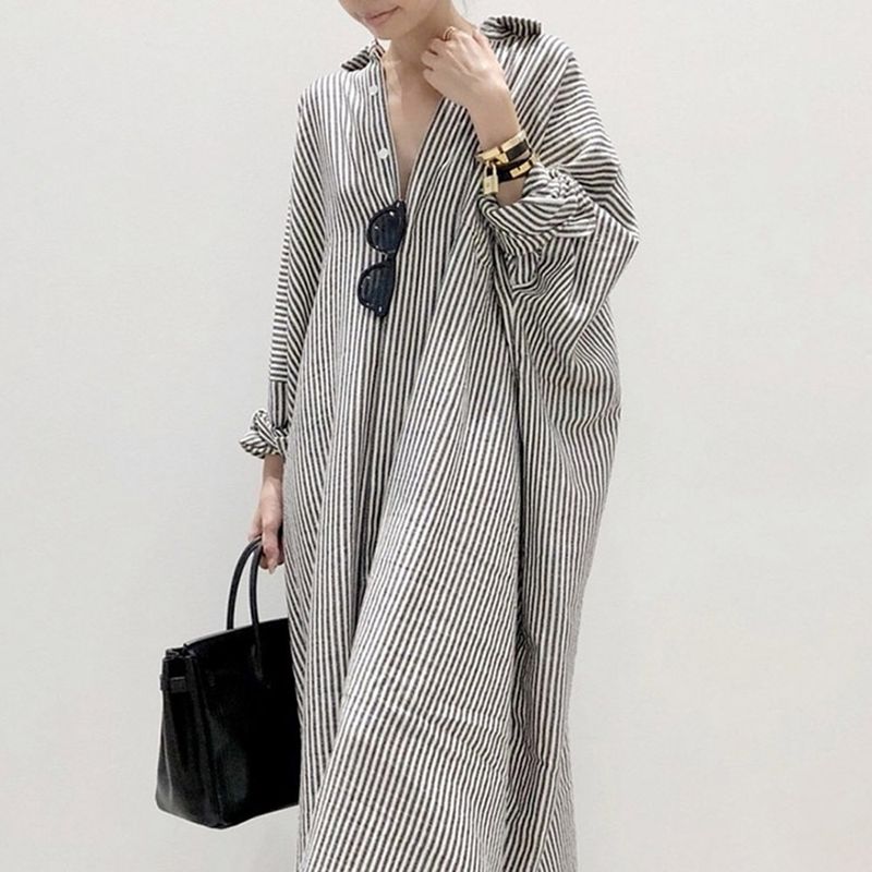 and South Korea Spring & Fall New Arrival Polo Collar Stripes Loose Hong Kong Style Loose and Idle Casual Long Sleeves Single-Breasted Shirt Dress
