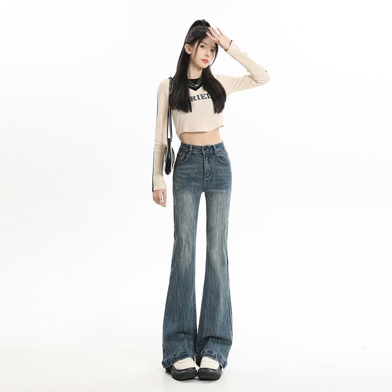 

Women s High-Waisted Micro-Flare Jeans - Gray Velvet, Slimming, Floor-Length, 2024 Autumn/Winter. L