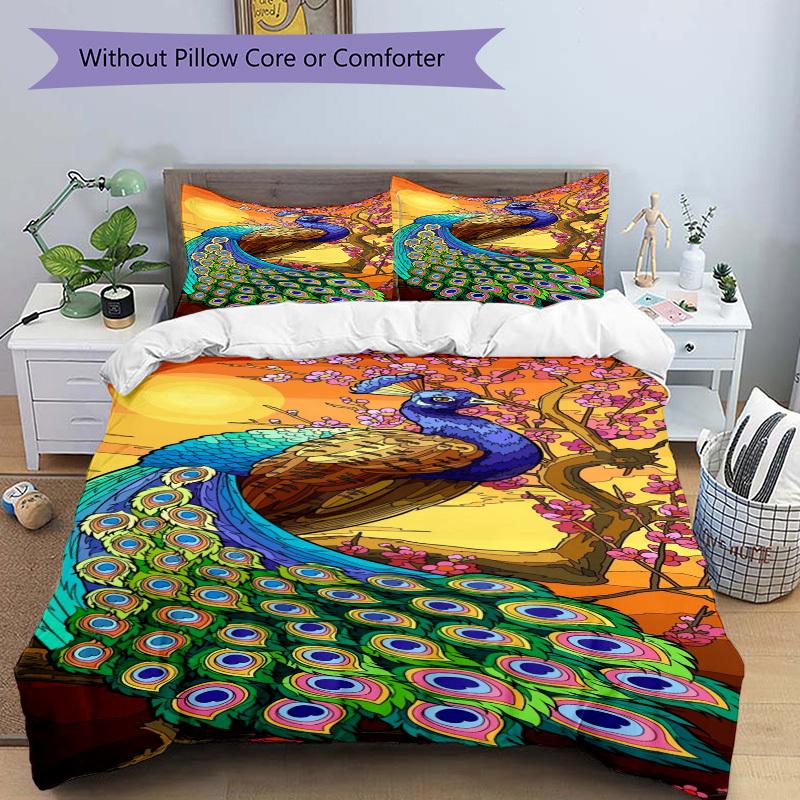 3pcs Peacock Feather Duvet Cover Set - Includes 1 Duvet Cover and 2 Pillowcases, No Quilt Core, All-Season Home Decor yy251111084