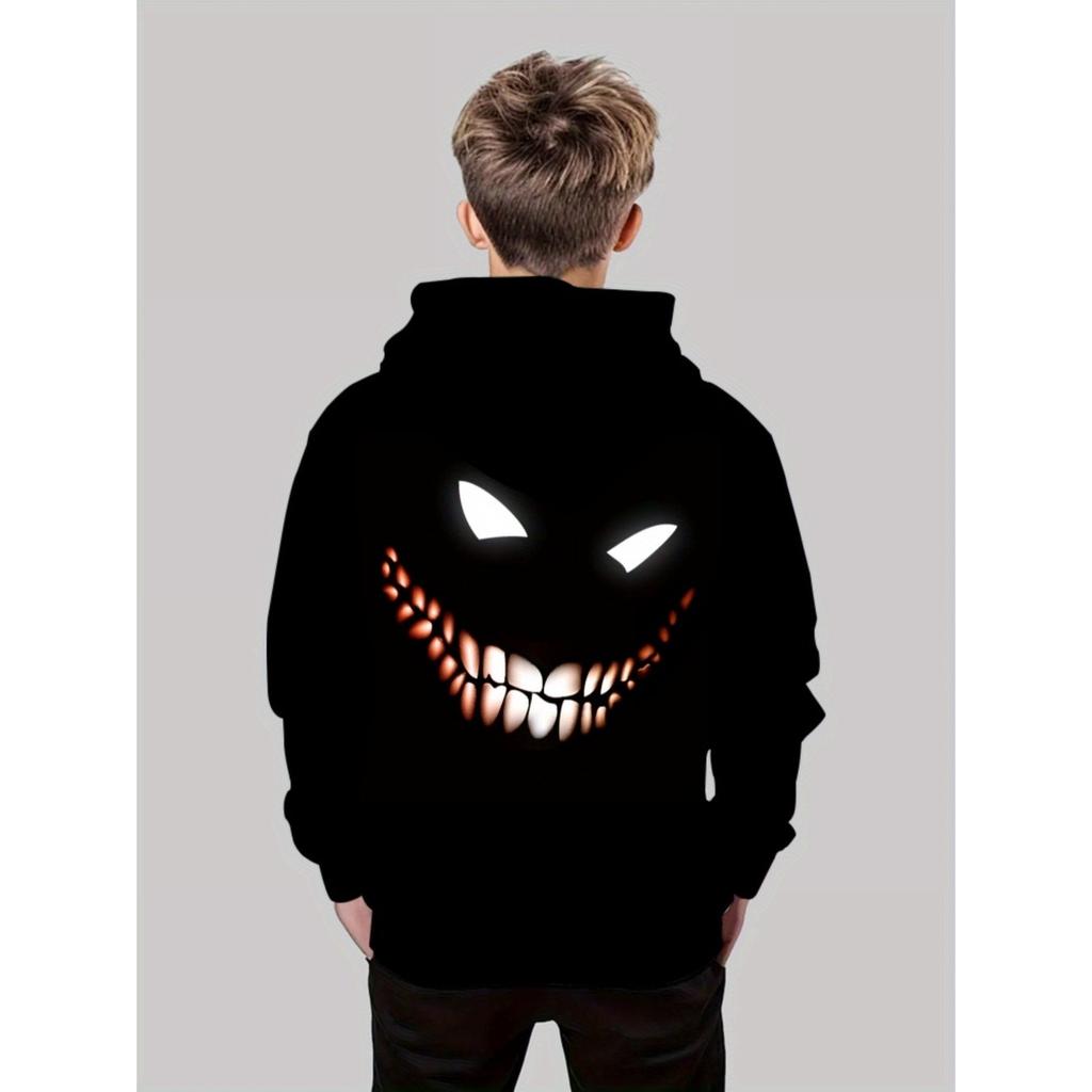 Boys' 3D hooded sweatshirt, suitable for Halloween parties, lightweight and durable, featuring a bright pumpkin design