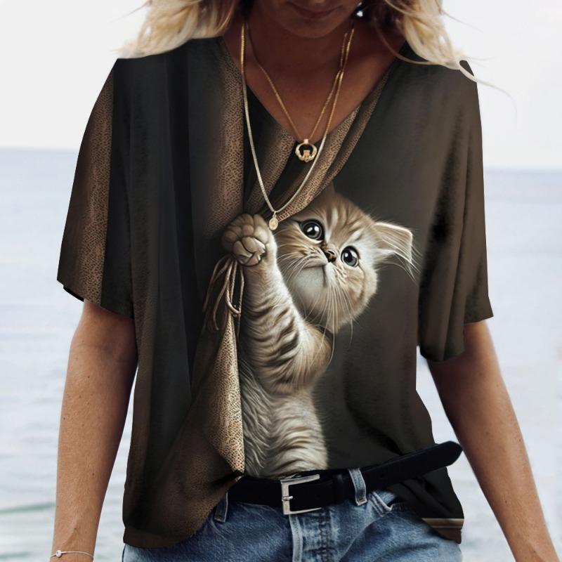 Sommer Damen V-Ausschnitt T-Shirt Niedliche Katze Orangescheiben Aufdruck Lässig Locker Kurzarm Top