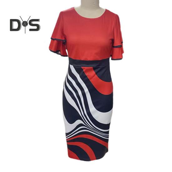 Women O Neck Layer Flared Sleeve Bodycon Dress Irregular Geometric Printing Hip Wrapped Office Lady Work Dress Workwear