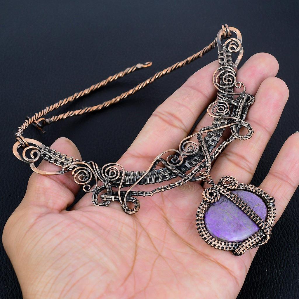 Purpurite 999 Copper Wire Wrapped Necklace with Adjustable Chain, Handmade Gemstone Jewelry Necklace For Memorial Day
