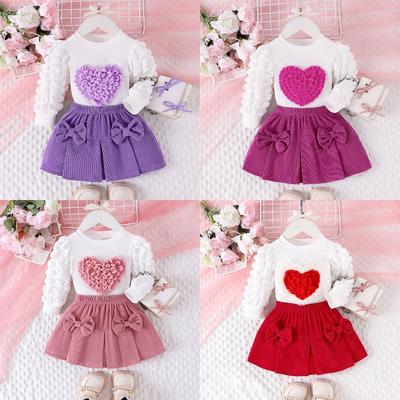 Children's Sweet Suit Spring and Autumn Girls Bubble Sleeve Love Top + Bow Skirt 2pcs Kids 6M-3Y Clothing