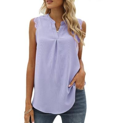 Spring Summer Solid Color Shirt Loose Fit V Neck Sleeveless Lace Trim Top Elegant Casual Blouse Everyday Wear Stylish And Comfortable Women Apparel