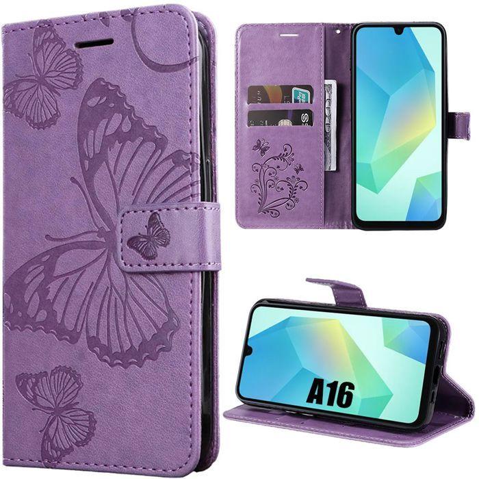 Protective Case - BOOLING - for Samsung Galaxy A16 5G/4G - Purple Synthetic Leather - Butterfly Pattern - Shockproof