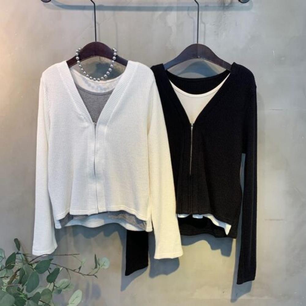 C S In The Room Women Zip Up Cardigan Layered Round neCk Long Sleeve Knit 2Color