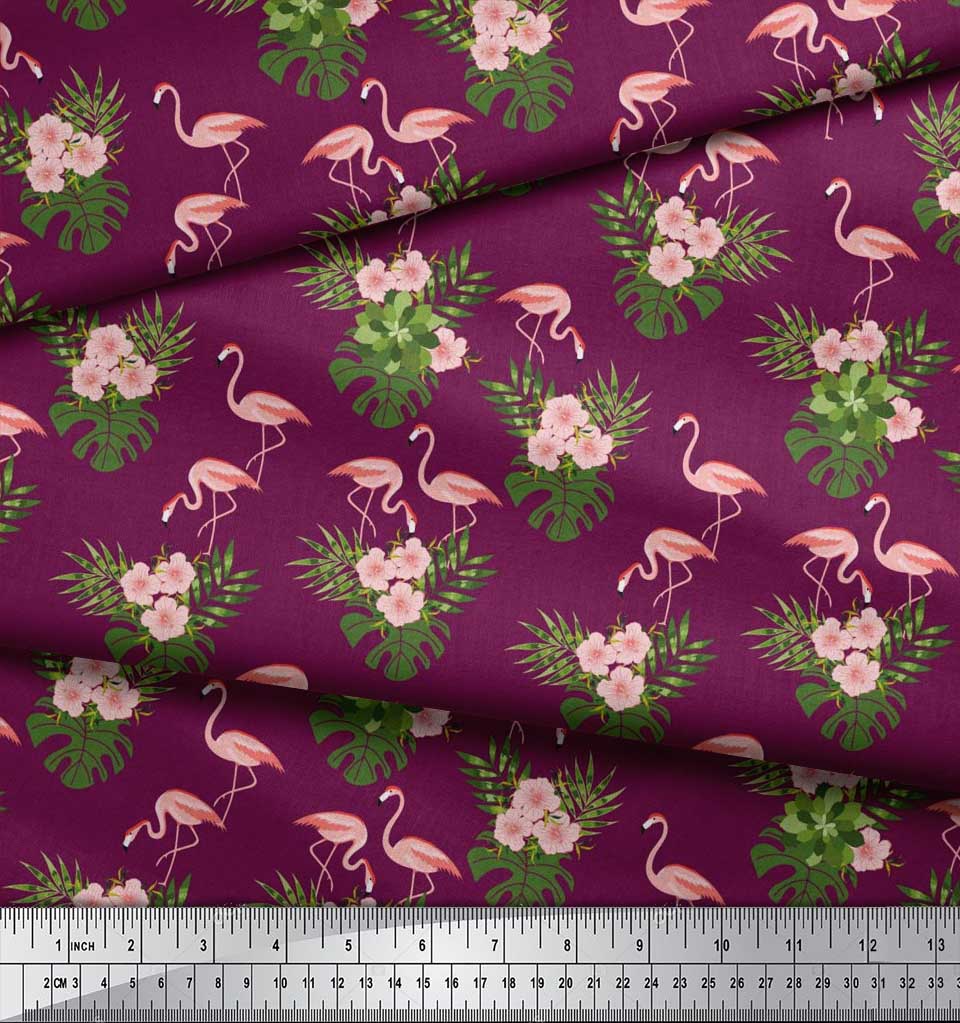 Soimoi Japan Crepe Satin Fabric Tropical Leaves,Floral & Flamingo Bird Print Fabric by the metre 42 Inch