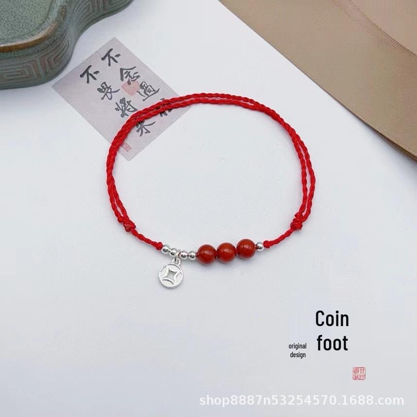 Pure Silver & Cinnabar Zodiac Red String Ankle Bracelet with Gold Coin красный