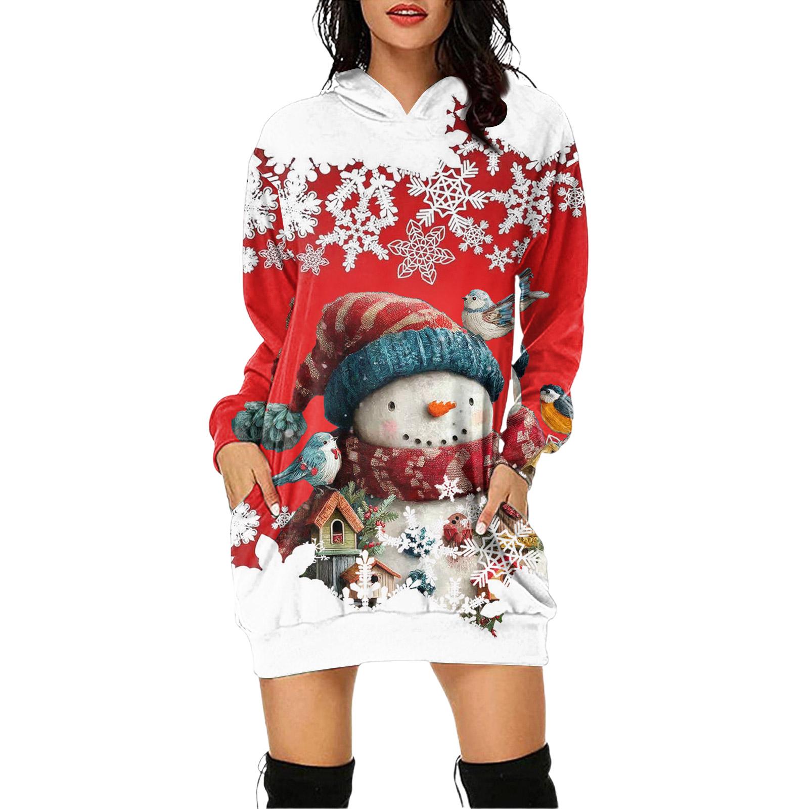 

Жіноча сукня-пуловер з капюшоном і кишенями з різдвяним принтом і довгими рукавами M червоний