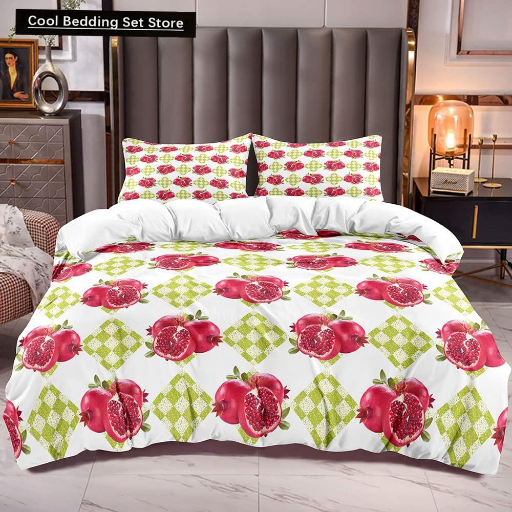 Red Pomegranate King Queen Duvet Cover Summer Tropical Fruit Bedding Set for Adults Green Leaves 2/3pcs Polyester Quilt Cover