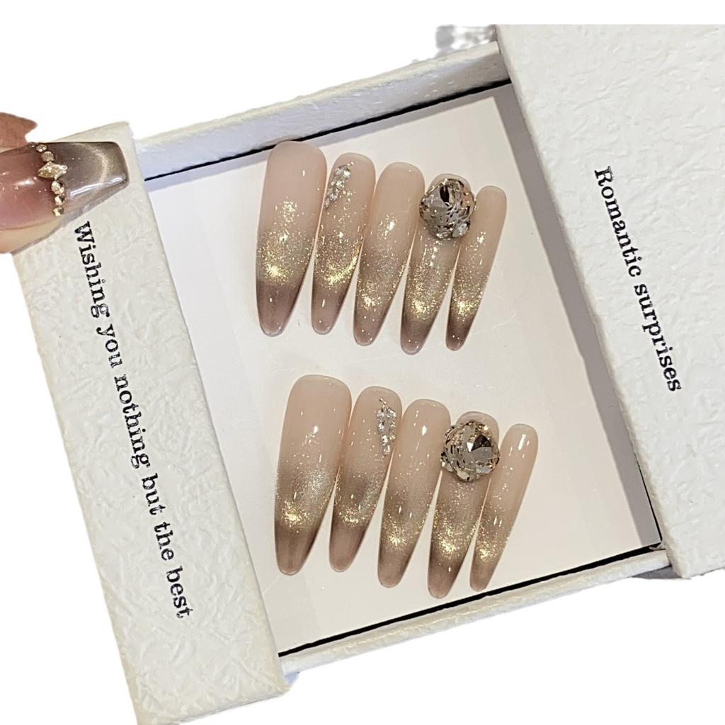 Handmade Nude Color Gradient Golden Cat's Eyes Wheat Ears Square Diamond Glitter Stars Can Be Detached