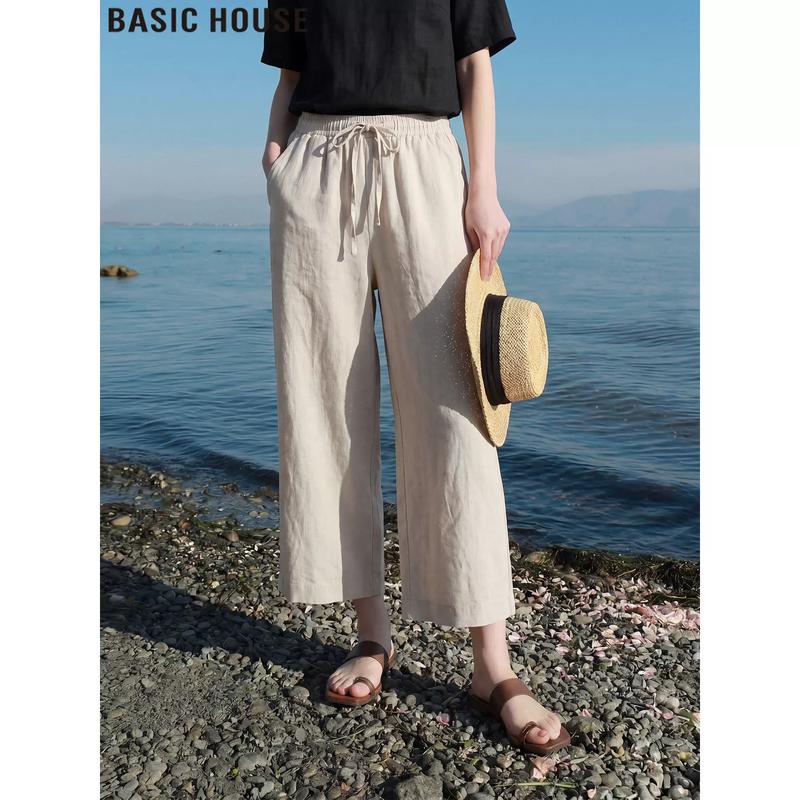 Basic House Women s High-Waist Linen Blend Straight Wide-Leg Pants M