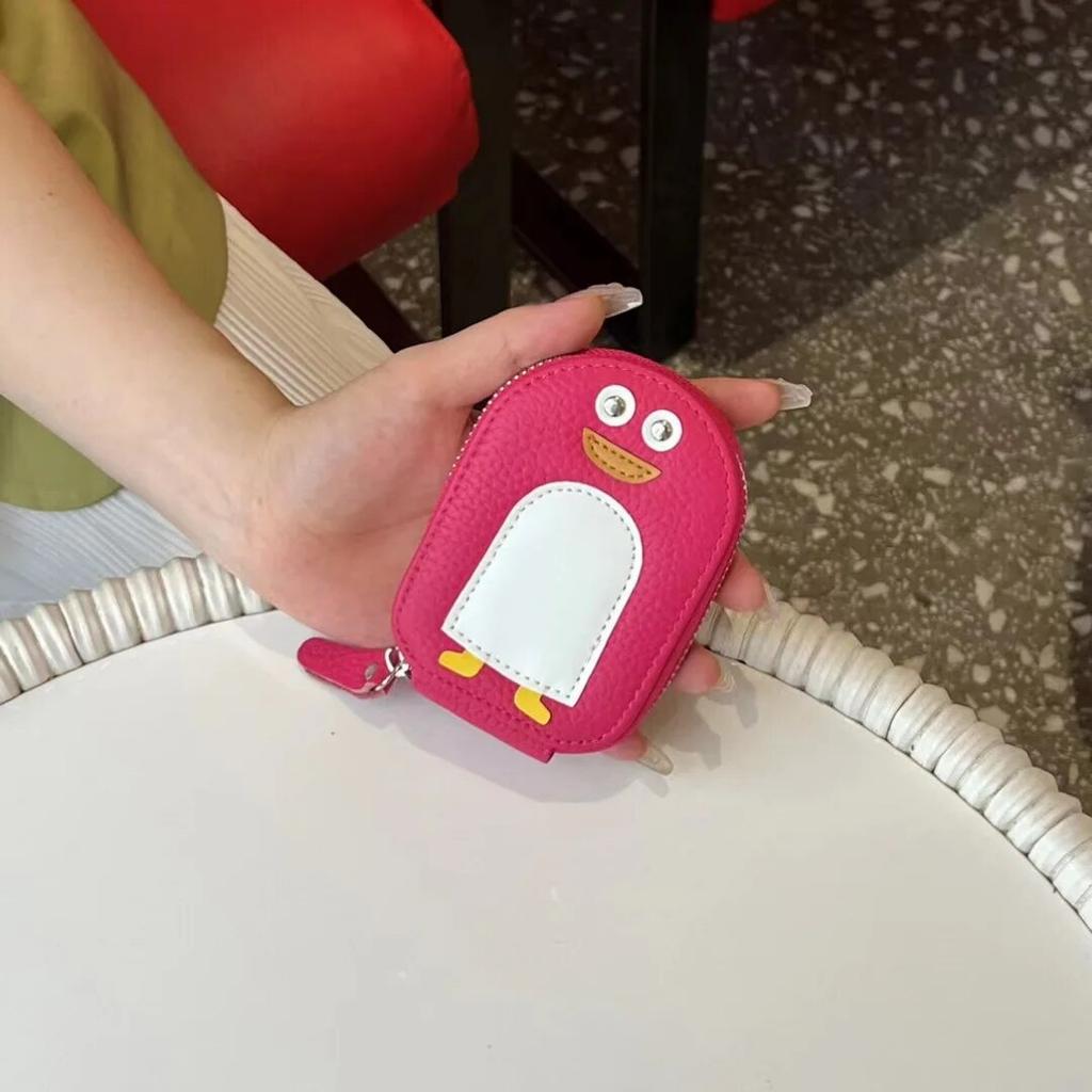 Small Penguin Shape Card Holder Coin Purse Cartoon Cute Genuine Cow Leather Zipper Purses Mini Wallet