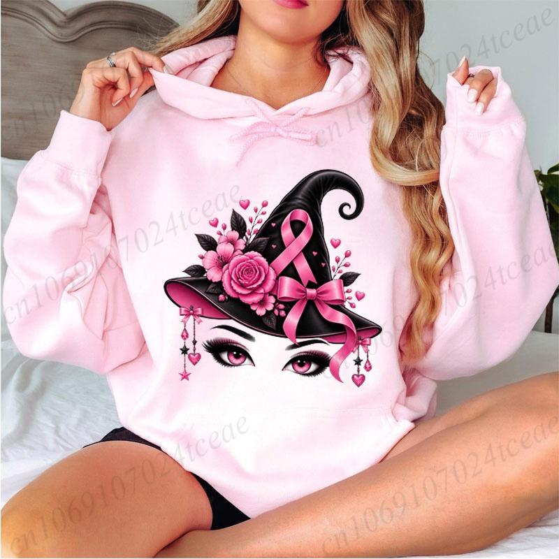 Breast Cancer Awareness Hoodie for Women Pink October Pink Ribbon Witch Hat Bats Graphic Sweatshirt Halloween Pullover Gift Tops