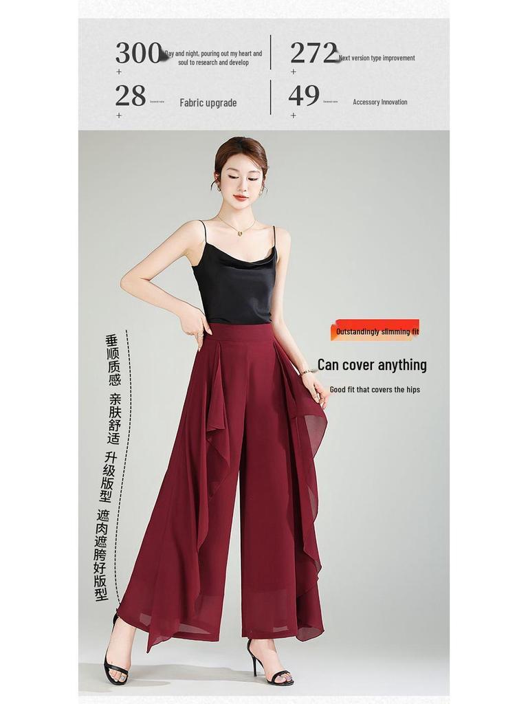 Pantaloni-Gonna Estivi in Chiffon a Vita Alta da Donna - Larghi, a Gamba Larga, Capo d'Abbigliamento Casual