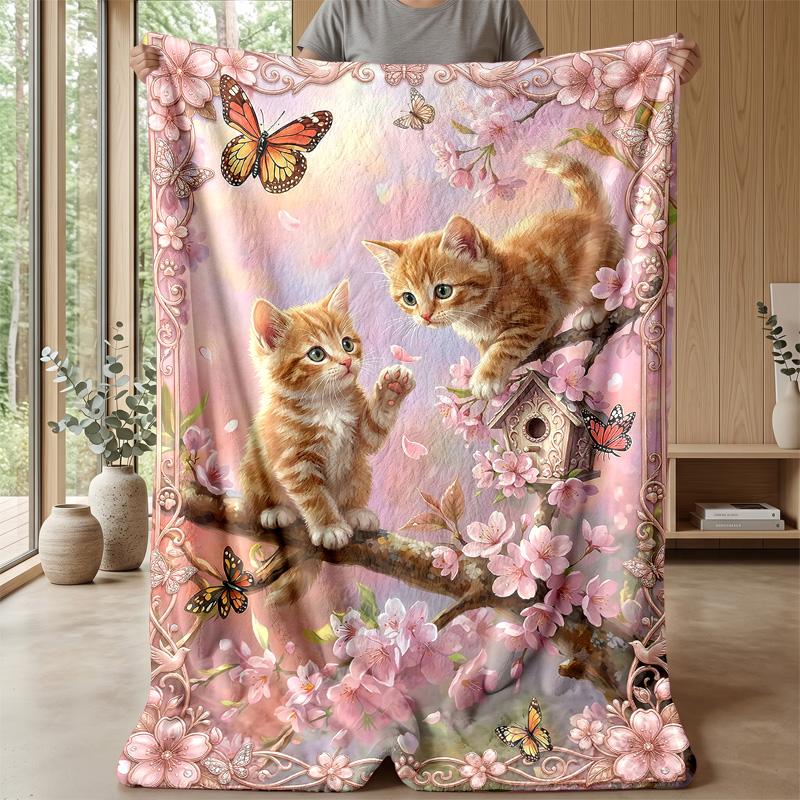 Butterflies and kittens in spring blanket Personalized Name Flannel Blanket Soft Cozy Plush Throw for Sofa Bed Lightweight Home Decor