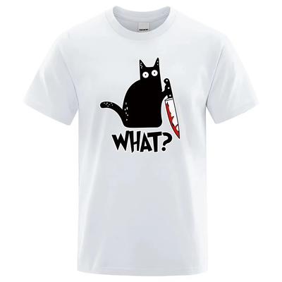 WHAT? Knife Cat Print Unisex's Unisex T-Shirt Anime Graphics Harajuku Oversized TShirts Casual Loose Casual Male Tees Tops Clothing
