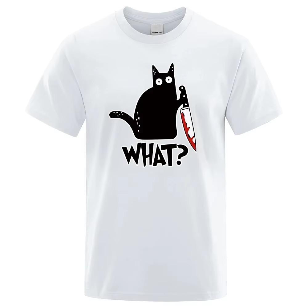 WHAT? Knife Cat Print Men's Women T-Shirt Anime Graphics Harajuku Oversized TShirts Casual Loose Casual Male Tees Tops Clothing