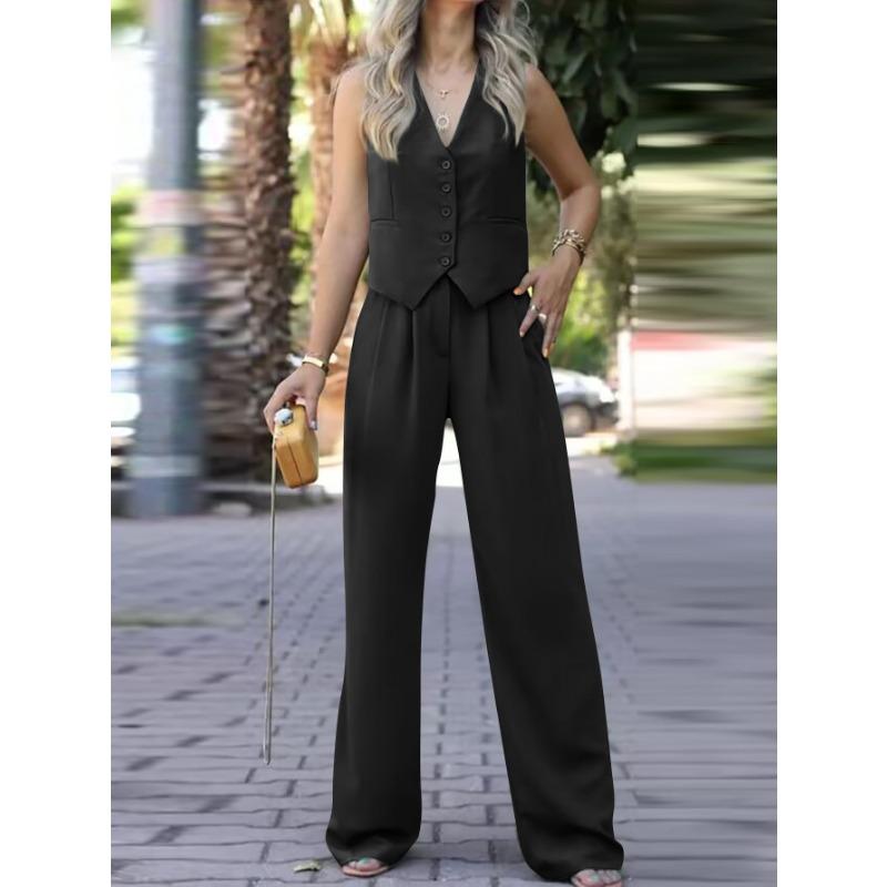 

GMXIA Женская Мода Лето Весна Однотонный Принт Без Рукавов V-образный Вырез Брюки Костюмы XXL