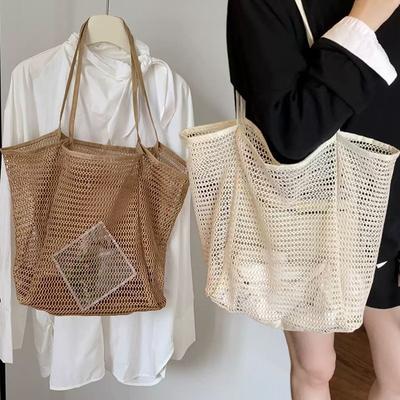 Spring Summer Mesh Straw Bag Portable Fashion Large Capacity Mesh Beach Storage Tote Travel Swimming Handheld Shoulder Bag