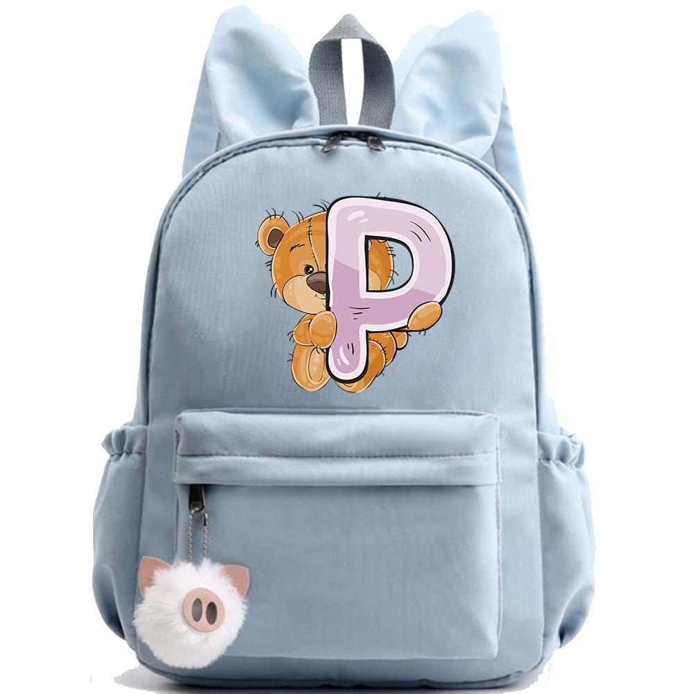Little Bear 26 English Letters Backpack Printed School Bag for Teenager Kid Boy Girl Student Cartoon Bookbag Outdoor Rucksack