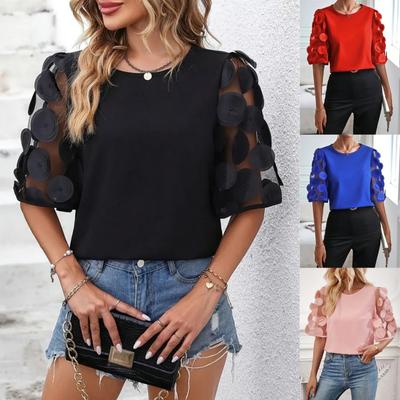 Summer Spring Women's Round Neck Hollow Casual Solid Color Print 1/2 Sleeves O-Neck Blouses & Shirts