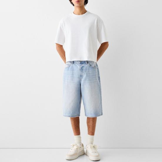 Erkek Denim Şort Orta Yükseklikte Düğmeli Fermuarlı Yaz Kot Pantolon Düz Geniş Paça Denim Şort Cepli