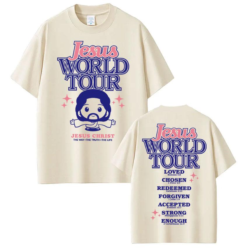 Funny Jesus World Tour Print T Shirt Men Women Fashion Christian Bible Verse Tshirts Oversized 100 Cotton Casual Short Sleeve