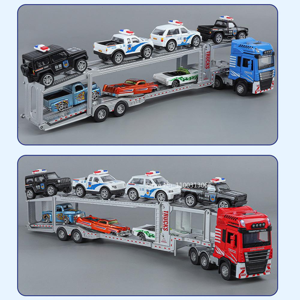 1:48 Alloy Diecast Car Carrier Model Toys Miniature Cars Double Decker Light Sound Trailer Transport Vehicle Boys Birthday Gifts