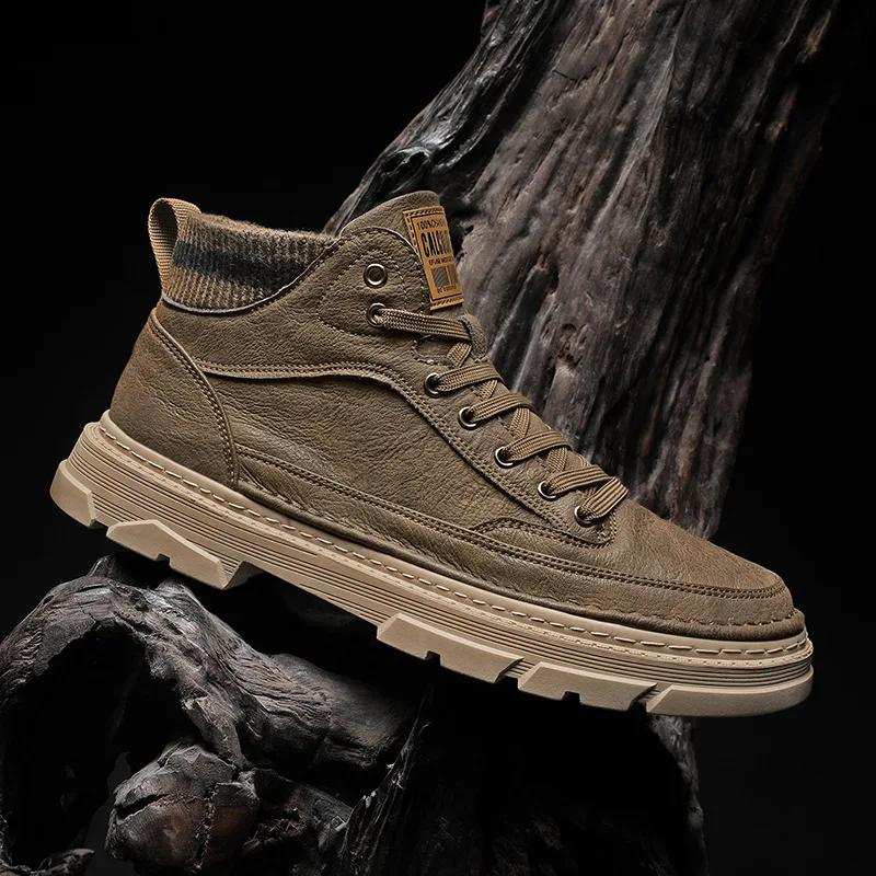 

2025 Autumn New Men Leather Boots Street Fashion High Tops Leather Casual Shoes Man Outdoor Ankle Boots 44 коричневый