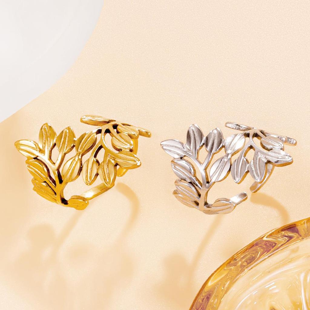 18K Gold-Plated Open Leaf Stainless Steel Ring - European & American Casual Fashion Style