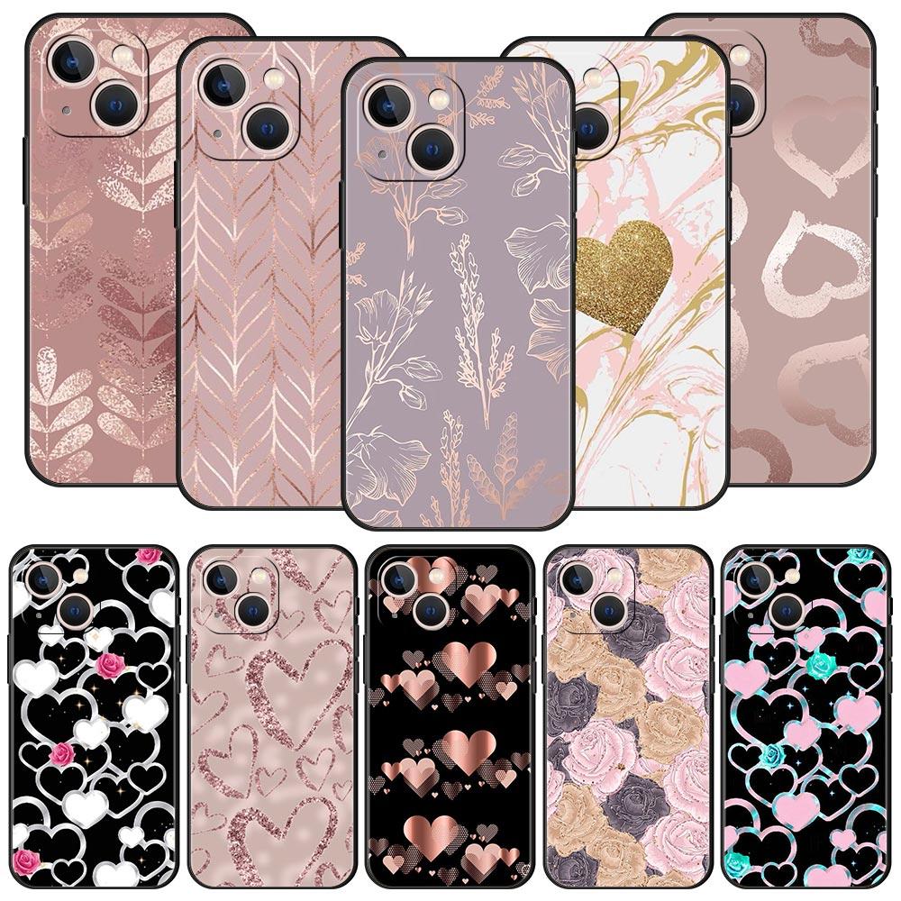 Gold Rose Love Heart Phone Case For iPhone 17 16 15 Pro Max 11 12 13 14 7 8 Plus SE 2020 X XR XS Cover Soft Black
