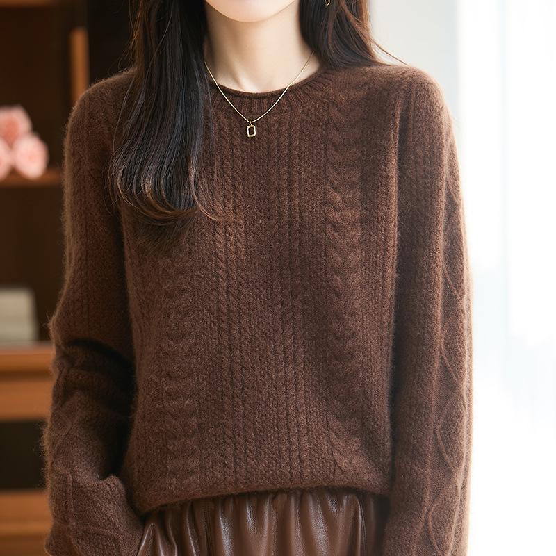 Women's 100% Pure Wool Round Neck Cable Knit Sweater - Thickened, Rolled Edge, Loose Fit for Autumn & Winter