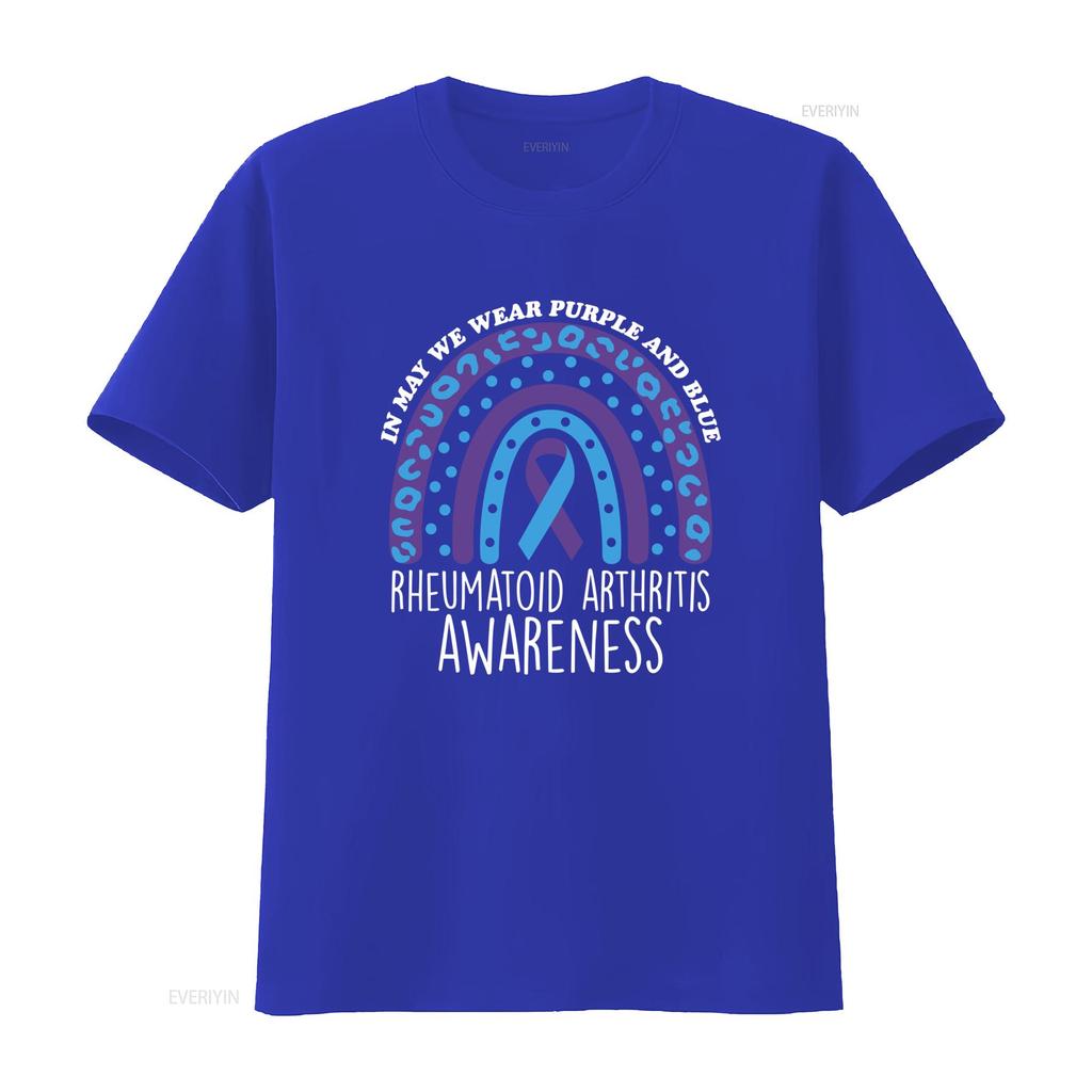 Casual Rheumatoid Arthritis Awareness Purple Blue Ribbon Rainbow Print T Shirt Vintage Stretched Top For Everyday Wear