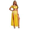 Womens Chiffon Wide Leg Pants Sequins Tassel Slit Belly Dance Culottes Cold Shoulder Crop Top Rhinestone Waist Set
