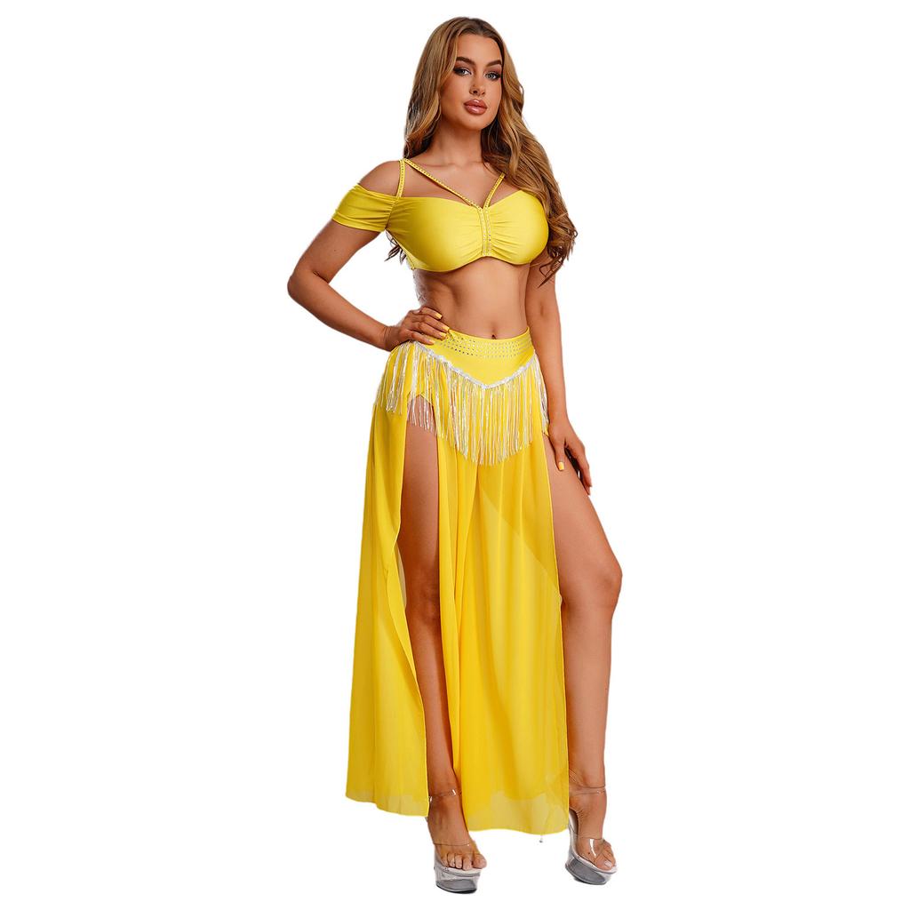 Womens Chiffon Wide Leg Pants Sequins Tassel Slit Belly Dance Culottes Cold Shoulder Crop Top Rhinestone Waist Set