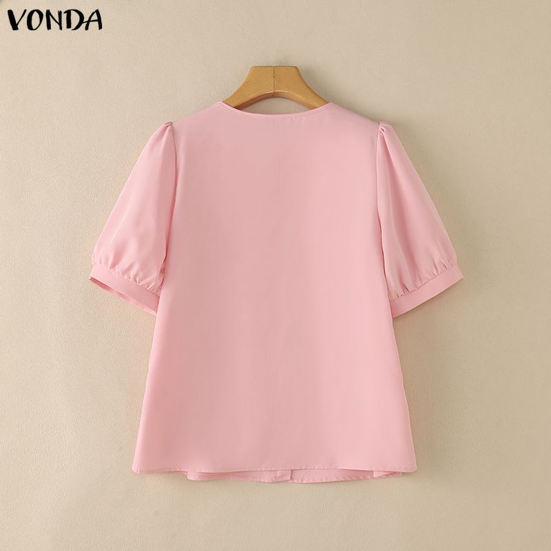 VONDA Women Short Sleeve Front Lace Crochet Casual Ruffled Blouse Shirts Tops