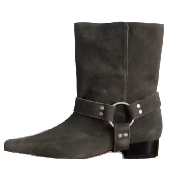 Retro Niche Square Toe Belt Buckle Folding Two-piece Mid Length Boots Women with Thick Heels Western Cowboy Boots