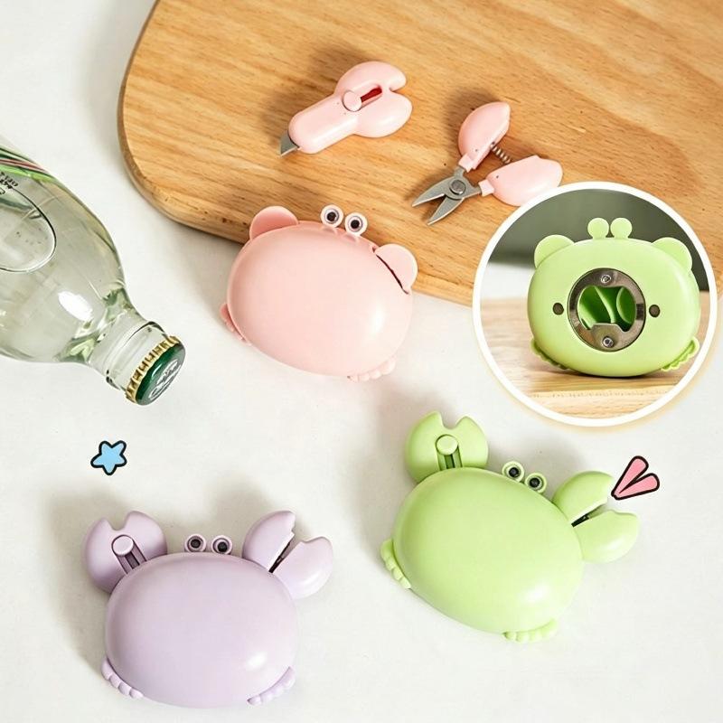 Cute Crab Shaped Multifunctional Bottle Opener With Magnetic Back Built In Mini Scissors Box Cutter For Home Kitchen Daily Use