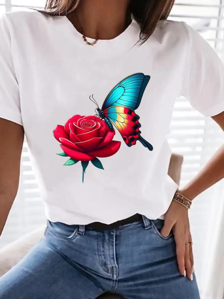 (Asian Size) Print flower butterfly trend Women Tee Top T Shirt Woman Fashion Female Short Sleeve Clothing Graphic T-shirts