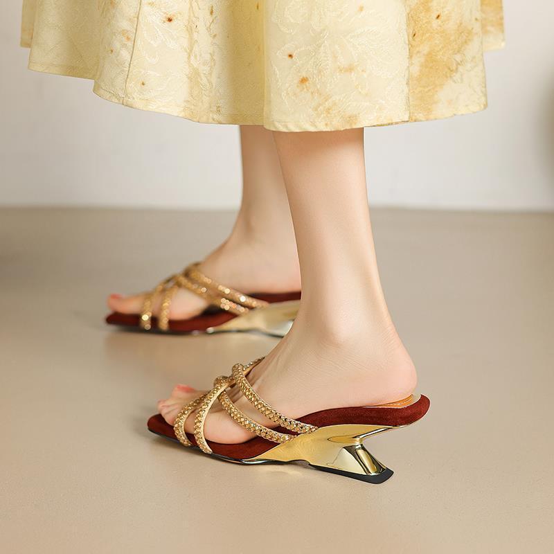 

Мода FHC 2024 Модные Странные Стильные Туфли на Высоком Каблуке, Шлепанцы, Летняя Обувь, Открытый Носок, Стразы, Перекрестный Ремешок, Шампань, Дропшиппинг 39 шампанского