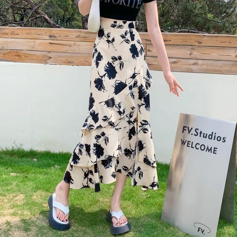 

Нестандартная юбка миди для женщин летом юбка с оборками по краю юбка А-силуэта из шифона с цветочным принтом XL