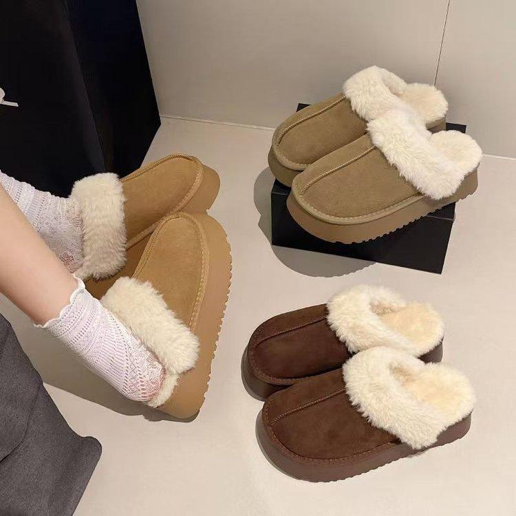 Hairy heightened bag head drag thick-soled cotton slippers women's 2025 winter new outer wear thickened velvet snow boots