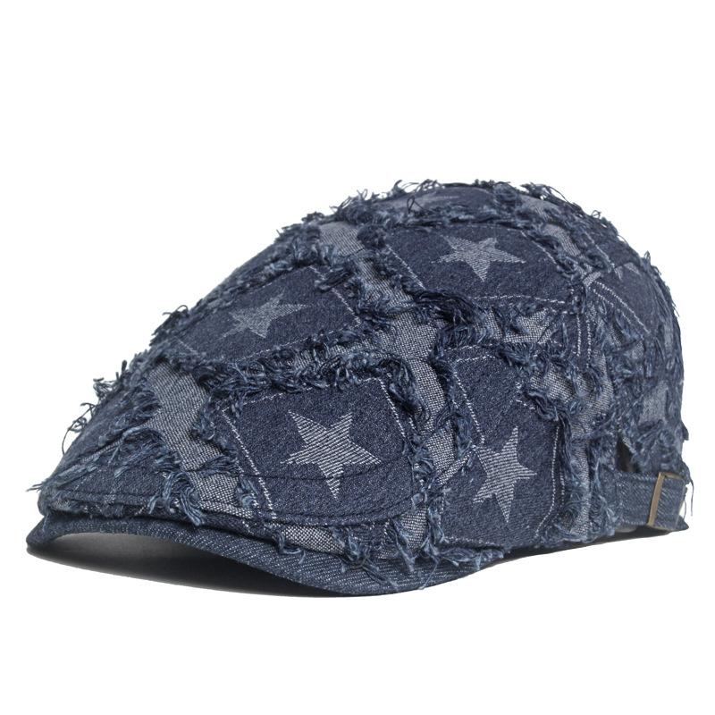 Women Denim Berets Hats Newsboy Caps Cotton 56-61cm Four Seasons Distressed Raw Edges Star Pattern Fashion Hat