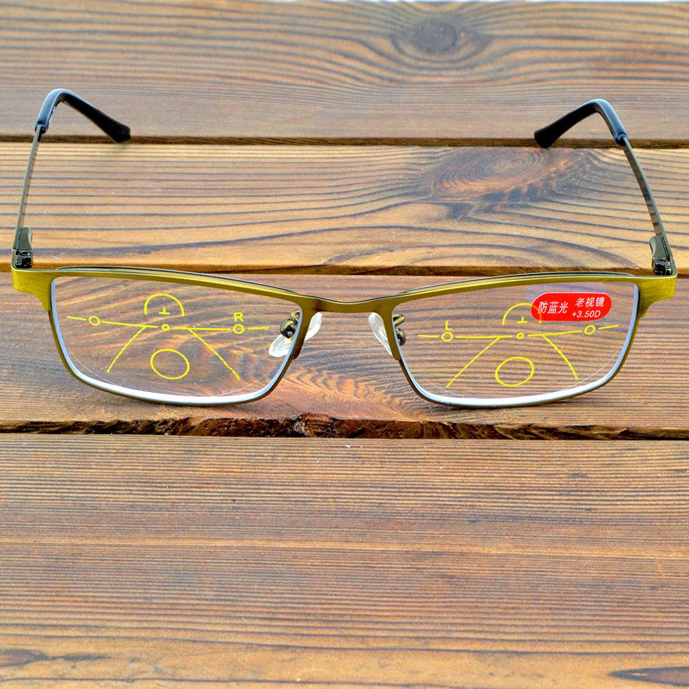 Vollrandige Bronzerahmen-Komfort-Rechteckbrille. Sehen Sie in der Nähe und in der Ferne. Progressive Multifokus-Lesebrille +0,75 bis +4