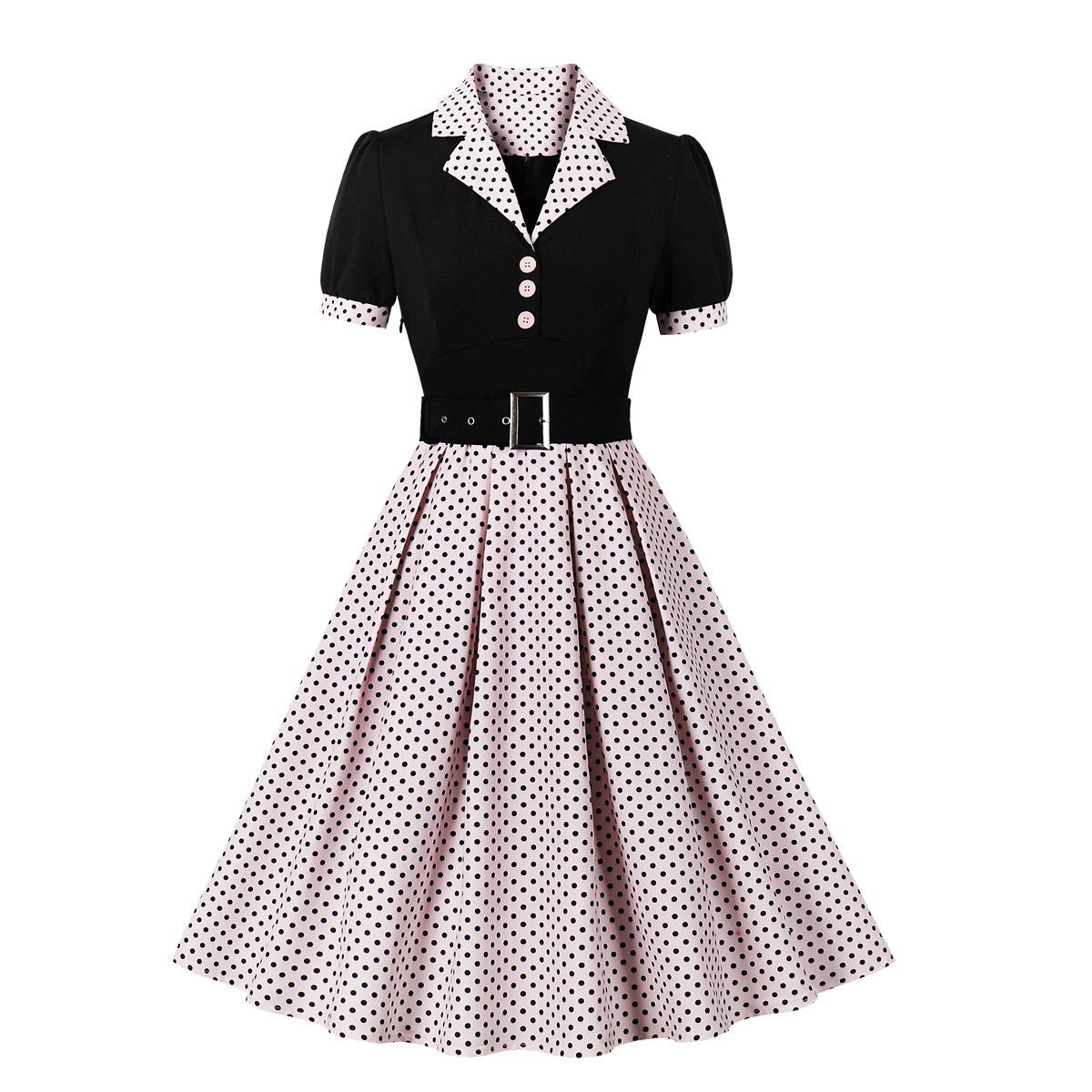 Polka Dot Plus Size Waist-Cinching Dress with Large Hem 2XL