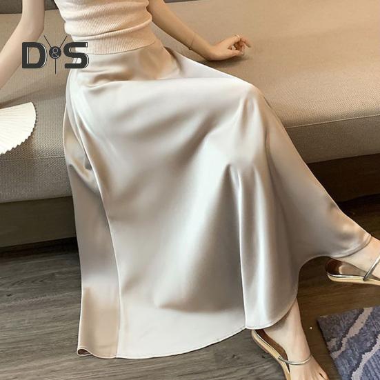 Women Fishtail Skirt High-Waisted Satin-Like Breathable Maxi Skirt Solid Color Office Skirt Work Leisure Daily Wear