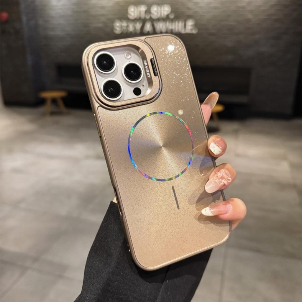 CD Texture Laser Glitter For Magsafe Lens Stand Case For iPhone Air 17 16 15 14 13 12 11 Pro Max Wireless Charge Bracket Cover